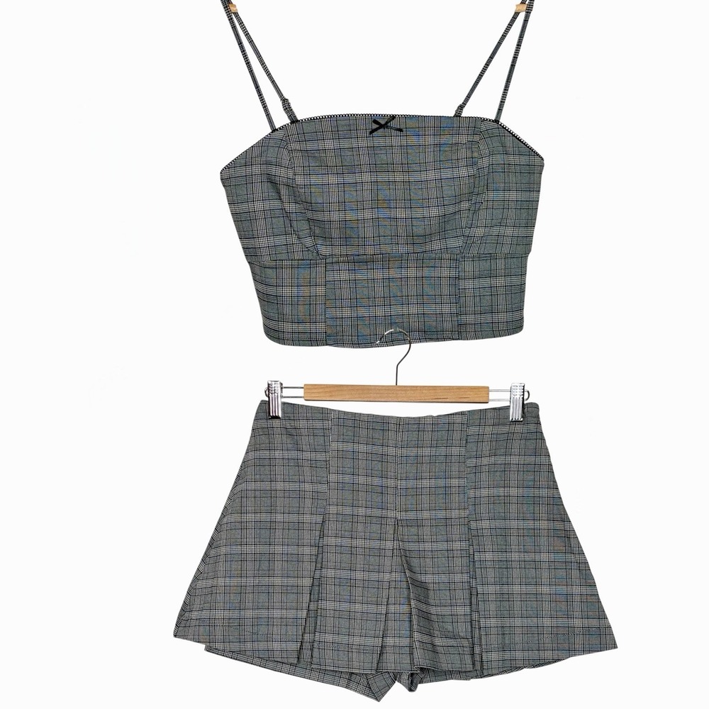 Plaid Crop Top Pleated Skirt Set Gray Womens M/L Y2K Preppy Academia Outfit